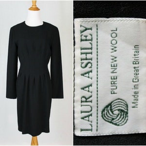 Vintage LAURA ASHLEY Black Wool Long Sleeved Sheath Dress Made in England USA Sz 4 image 1