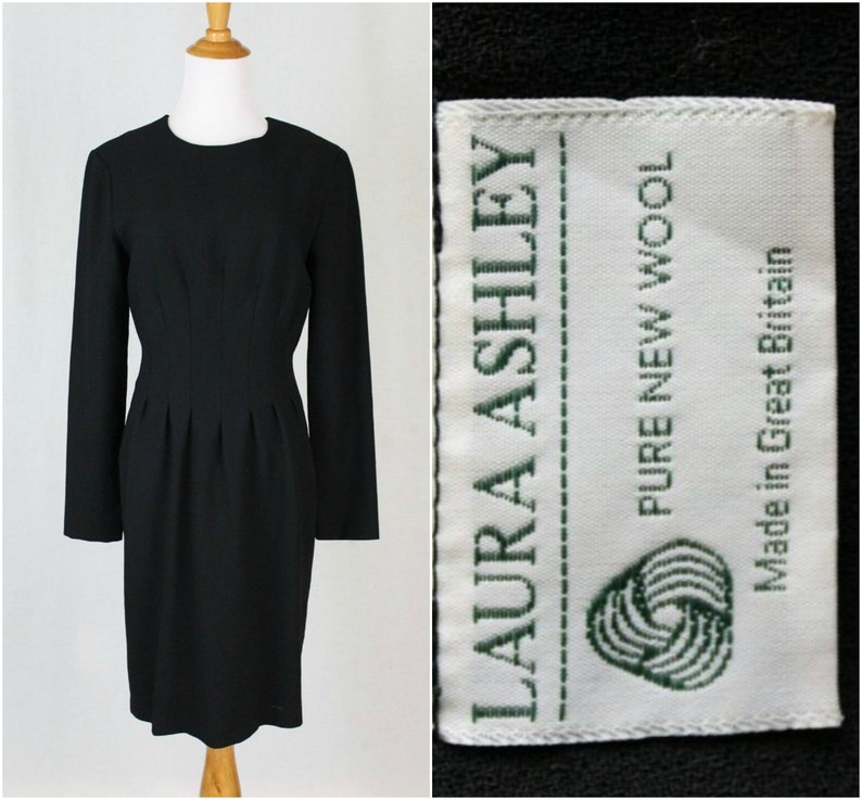Vintage LAURA ASHLEY Black Wool Long Sleeved Sheath Dress Made in England USA Sz 4 image 1