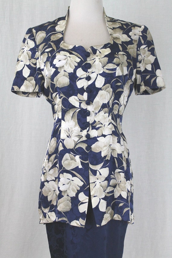 Vintage Adrianna Papell Blue Floral Silk Peplum S… - image 6