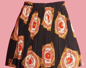 1980s-1990s Pleated Black High Waist ZODIAC ASTROLOGY Star Sign. Sun CELESTIAL Print Kitsch Novelty Skirt. Small. As Is.
