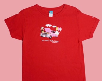 2002 Y2K Paul Frank. Julius X HELLO KITTY. SANRIO. Muscle Car & Clouds. Kitsch. Novelty Print. Red Crewneck T- Shirt. Small-Medium