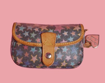 Y2K 2000s DOONEY and BOURKE Rainbow STAR. Celestial. Black. Coated Canvas Wallet Mini Pouch. with Heart Logo Charm. As Is. Damaged. Faded.