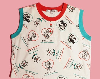 1990 FELIX THE CAT and Kitty Kat Floral. Cropped Tank Top. With Button Detail. Extra Small. As Is