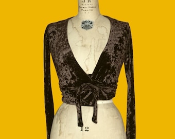1990s Vintage BETSEY JOHNSON Crushed VELVET Dark Brown. Long Sleeve. Plunge Wrap Blouse with Adjustable Tie. Extra Small-Small. As Is.