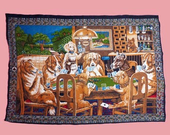 1970s DOGS Playing POKER TAPESTRY Wall Hanging