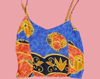 1990s-Y2K Blue. Hawaiian by BASIX FISH. ABSTRACT Print Sleeveless Crop Top Spaghetti Strap Cropped Blouse. Extra Small-Small. As Is