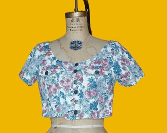 1980s-1990s BE BOP CLOTHING White Floral Printed Button Up Cropped Short Sleeve Crop Top. Small-Medium