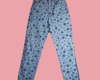 1990s-Y2K MOSCHINO JEANS STARS All Over Print Cotton Denim Trousers Pants with Peace Sign at Back. Extra Small