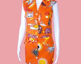 1990s MOSCHINO JEANS Orange Sun Print Cotton Vest & Skirt Set (XS)