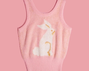 1970s CHARLIE&#39;S GIRLS Designed by Erika Elias. Cropped Pink Fuzzy Shaggy RABBIT Bunny. Vest. Extra Small-Small