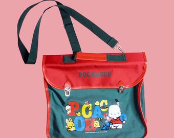 1994 POCHACCO. SANRIO Red and Green Book CROSSBODY Top Handle Bag with Faux Leather Trim. As Is