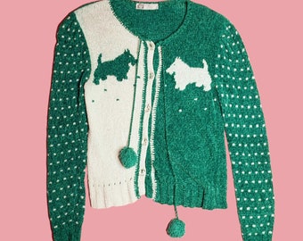 1980s EMMANUELLE KHANH Chenille. Green and White. Scottie DOG. Kitsch Pom-pom Button Up Cardigan Sweater W/Puff Sleeves. Small-Medium. As Is