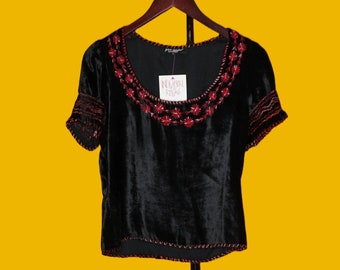 1990s-Y2K Vintage BETSEY JOHNSON NY New York Black Velvet Short Sleeve Folk Style Blouse with Red Floral Embroidery. Small As Is.