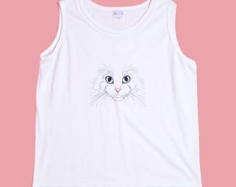 1980s-1990s. WON'S WEAR. White. CAT Face Embroidered Patch. Novelty Kitsch. Sleeveless Waffle Knit. Tank Top. Extra Large-2XL