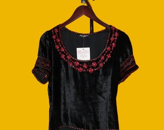 1990s-Y2K Vintage BETSEY JOHNSON NY New York Black Velvet Short Sleeve Folk Style Blouse with Red Floral Embroidery. Small As Is.