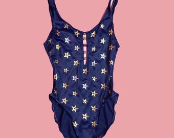 1980s-1990s PACIFIC CONNECTIONS. Navy, Gold & Silver STAR. Celestial Print One Piece Swim Bathing Suit with Scoop Back. Small-Medium. As Is
