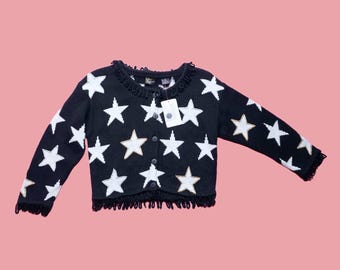 1990s-Y2K FREDERICKS of HOLLYWOOD Black Star Celestial Metallic Cropped Knit Cardigan Sweater With Yarn Loop Detail. Small. NWOT