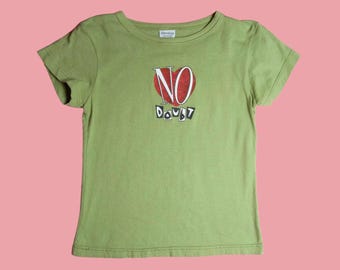 1990s-Y2K NO DOUBT. Green Short Sleeve. Shoreline OSFA. Heart Logo Baby Band Tee. Extra Extra Small-Extra Small