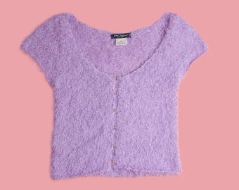 1990s-Y2K BETSEY JOHNSON NY. New York. Purple Shag. Eyelash. Cropped Short Sleeve Button Up Sweater Top. Extra Small-Medium