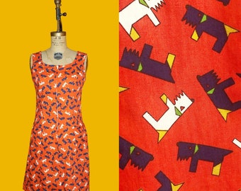 1960s KAY WHITNEY by Huntington DOGS All Over Red Front Metal Zipper Sleeveless Cotton Dress with Hip Pockets. Small