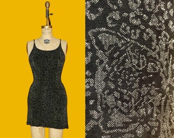 1990s-Y2K Metallic Silver and Black GLITTER SPARKLE LEOPARD Print Hidden Face Slinky Sexy Mini Dress. Extra Small-Small. As Is