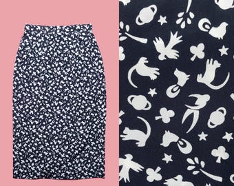 1990s COUNTERPARTS Black & White. SILHOUETTE Printed. CAT, Saturn, Birds, Stars, Abstract Print High Waist Pencil Skirt. Small-Medium. As Is