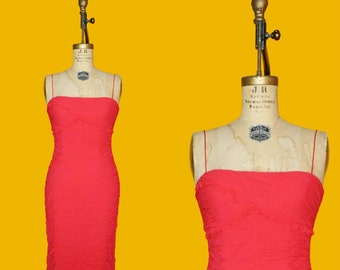 1990er Jahre CACHÉ Helles Kirschrot SEIDE CHIFFON Drapiertes Ärmelloses dünnes Träger-Cocktailkleid mit Rüschendetails. Klein. Wie besehen