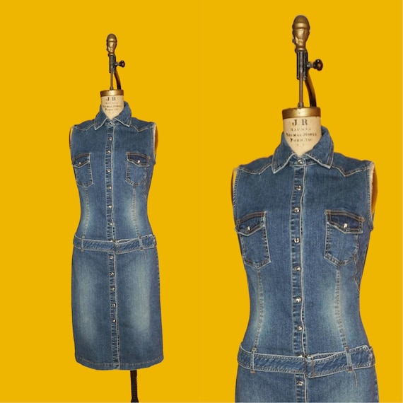 Y2K HOT KISS Denim JEAN Belted Snap Button Medium Wash Sleeveless Dress With Breast Pockets. Medium-large - Etsy Y2K HOT KISS Denim JEAN Belted Snap Button Medium Wash Sleeveless Dress With Breast Pockets. Medium-large - Etsy