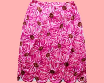1960s Bright Pink FLORAL Flowers PINK and White Semi Sheer Half Slip with SCALLOP Hem. Extra Small-Small