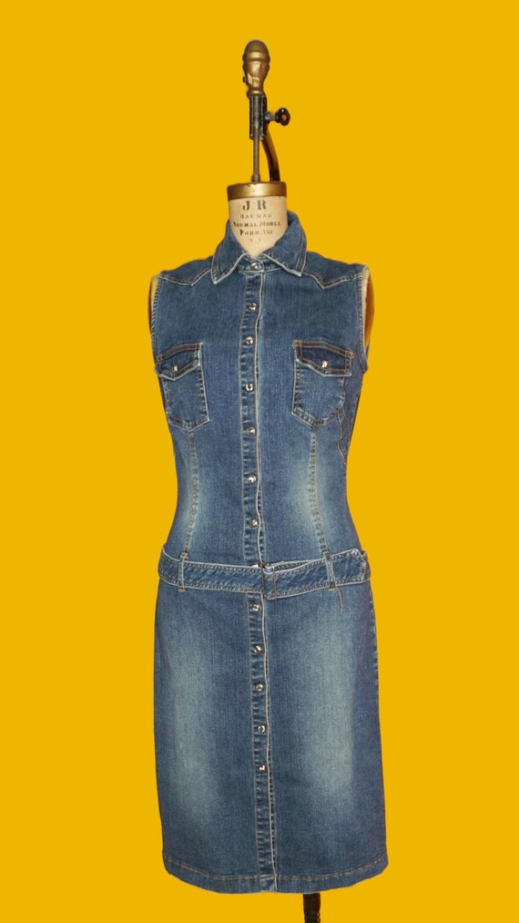 Y2K HOT KISS Denim JEAN Belted Snap Button Medium Wash Sleeveless Dress  With Breast Pockets. Medium-large - Etsy