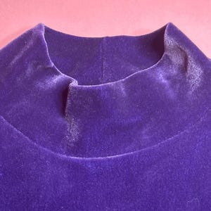 May include: Close-up of a deep purple velvet mock neck top. The fabric has a soft, lustrous appearance. The neckline is a high, rounded collar. The top is a solid color, with no visible patterns or embellishments.