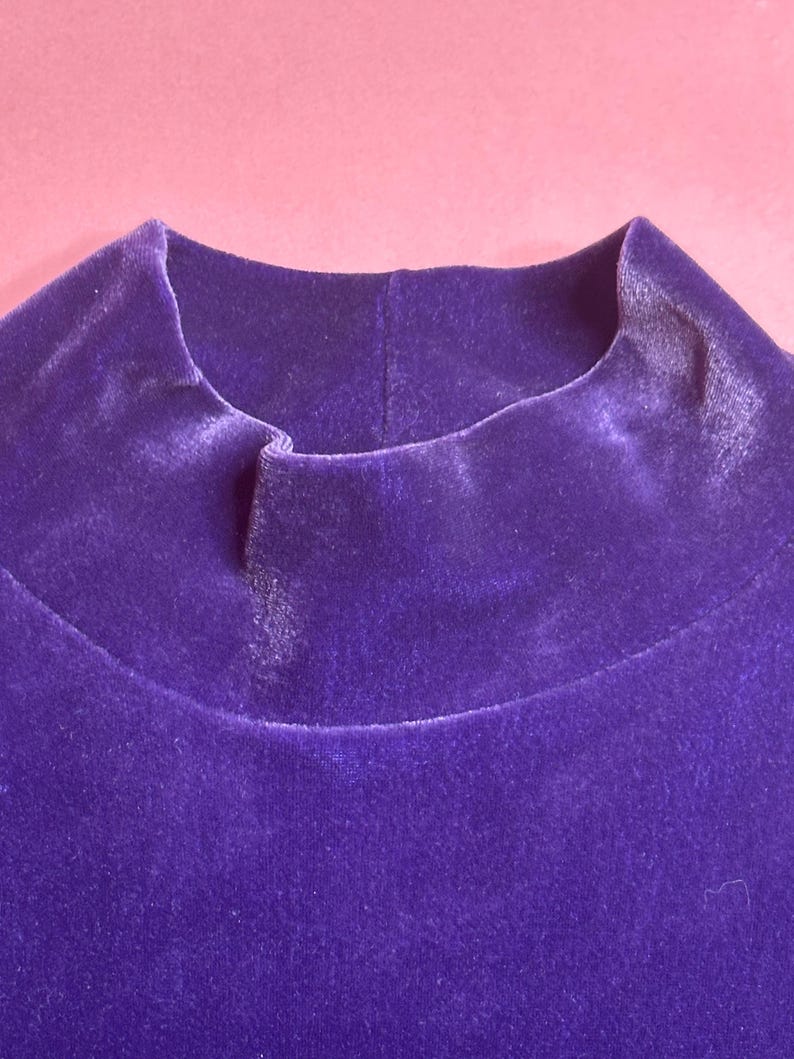 May include: Close-up of a deep purple velvet mock neck top. The fabric has a soft, lustrous appearance. The neckline is a high, rounded collar. The top is a solid color, with no visible patterns or embellishments.