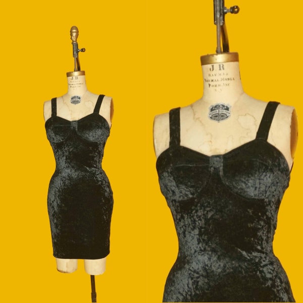 1980s-1990s ALL That JAZZ Black Crushed VELVET Sleeveless Bodyconscious Bodycon Thick Strap Party Dress.Extra Small-Small