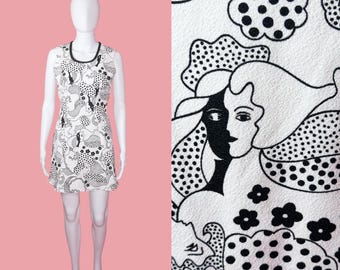 1960s MOD FACE Print. SURREALIST. Black & White. Polka Dot. Floral. Op Art Style Whimsical. Sleeveless Mini Dress. Extra Small-Small. As Is