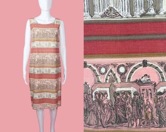1950s-1960s RENAISSANCE Revival Style NOVELTY Print Sleeveless SHIFT Tank Dress. Extra Small-Small. As Is