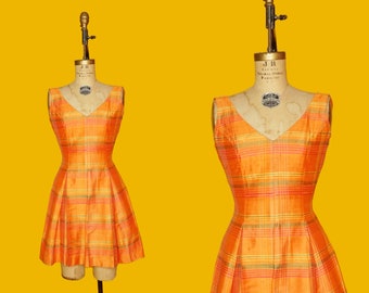 1990s RARE Vintage ANNA SUI V Neck Orange Yellow and Green Pleated Sleeveless Above the Knee Length Plaid Dress with Exposed Back. As Is