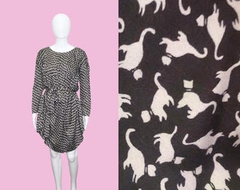 Y2K VIVIENNE WESTWOOD Red Label CATS Kittens All Over Black and White Asymmetrical Draped Long Sleeve Mini Dress. Extra Small-Small