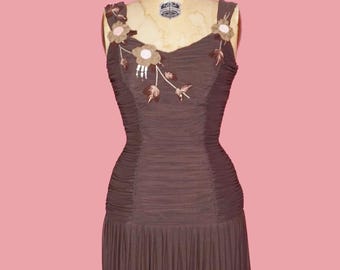 sue wong drop waist dress Vintage Y2K Sue Wong Plum Purple Silk Beaded Floral Midi Dress main image 1