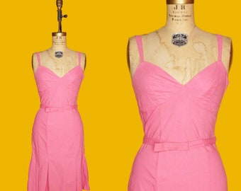 1990s-Y2K Vintage BETSEY JOHNSON NY New York Pink Cotton Sleeveless Dress with Kick Pleat and Ribbon Belt. Small-Medium As Is