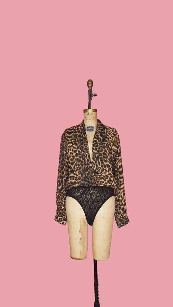 1980s-1990s CACHE LEOPARD Print Plunge Neck. Semi… - image 1