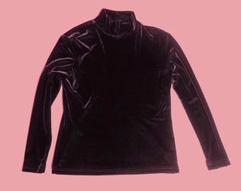 Blusa RAFAELLA de terciopelo morado oscuro con cuello alto y manga larga, años 90-Y2K. Talla pequeña-mediana.