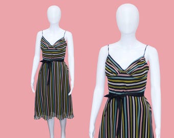 1990s-Y2K Vintage BETSEY JOHNSON NY New York Colorful Striped Sleeveless Silk Dress with Waist Tie. Extra Small-Small As Is