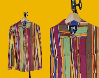 1990 SUI por ANNA SUI Gilmar Blusa de linho listrada colorida com botões e bolsos. Pequeno médio
