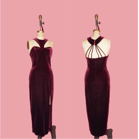 1990s POLY FASHION U.S.A. Burgundy. Red Wine Velvet Front High Thigh SLIT Gown. With Strappy Cage Back and Statement Collar. Small-medium - Etsy 1990s POLY FASHION U.S.A. Burgundy. Red Wine Velvet Front High Thigh SLIT Gown. With Strappy Cage Back and Statement Collar. Small-medium - Etsy