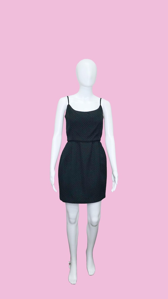 Anna Sui, 1990s Vintage ANNA SUI Black Sleeveless QUILTED Mini Scoop Back Cocktail Party Dress with Back Bow. Extra Small-Small