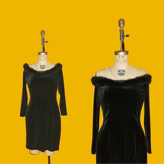 Buy 1990s-y2k ALEX EVENINGS Faux Fur Shag Black Trim Long Sleeve VELVET off  Shoulder Party Dress With Boned Bodice. Small-medium Online in India - Etsy