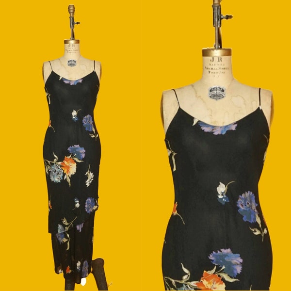 1990s-Y2K LAPIS LOS ANGELES Black Rayon Chiffon Semi Sheer Tiered Ruffle. Floral Sleeveless Maxi Slip Dress with Printed Flowers. Small