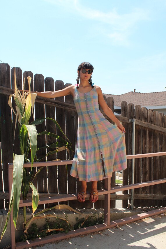 1990s GUESS multicolor checkered button up maxi dr