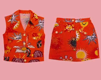 MOSCHINO JEANS jaren 90 oranje katoenen hemd en rok met zonneprint (XS)