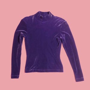 May include: A long-sleeved, purple velvet top with a mock neck. The top is a solid color and has a fitted silhouette. The background is a solid pink.